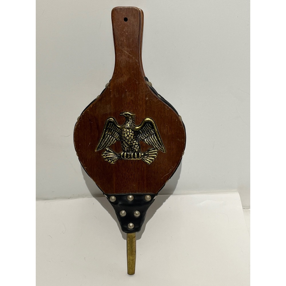 Vintage Wood Fireplace Bellows Brass Eagle Emblem Rustic Hearth Tool Brown Black